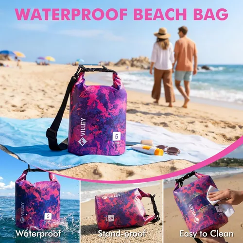 Miniatura 6 de Bolsa seca impermeable VILLEY de 5L con tapa enrollable, mantiene el equipo seco, saco ligero para kayak, navegación, camping, natación y aventuras
