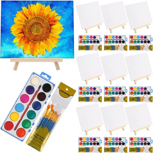 Miniatura 7 de Crtiin Juego de 10 tableros de lienzo con caballete para pintar, incluye 10 caballetes de madera, 10 lienzos, 10 piezas de pintura de acuarela y 100