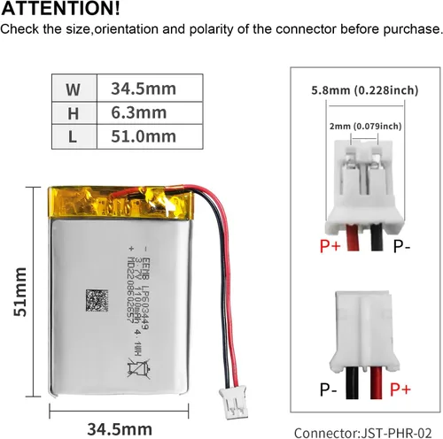 Miniatura 3 de EEMB Paquete de 100 Baterías de Polímero de Litio 3.7V 1100mAh 603449 Lipo Recargable con Conector JST para Altavoz y Dispositivo Inalámbrico