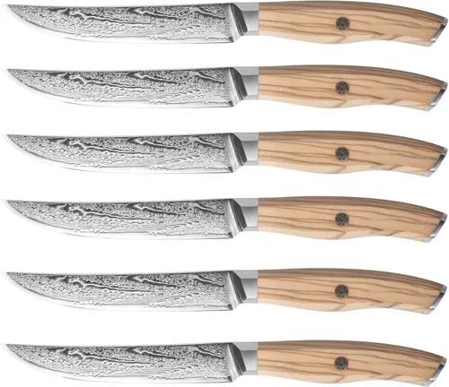 Juego de 6 cuchillos para carne Damasco Premium no dentados con mango de madera de olivo natural, cuchillas de acero japonés de borde recto de 67
