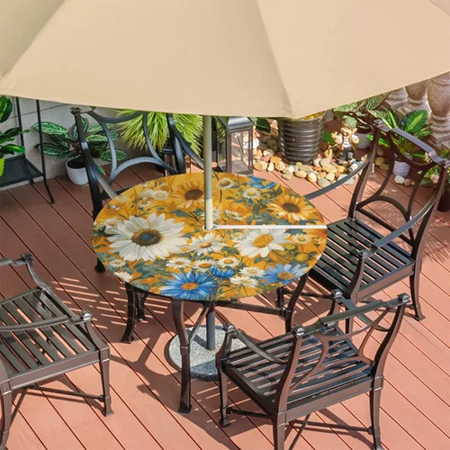 Miniatura 7 de Mantel redondo para exteriores con agujero para paraguas, mantel de temporada con margaritas para exteriores, con cremallera, impermeable, mantel