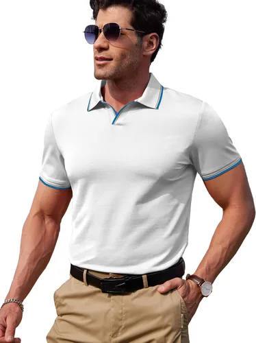 Miniatura 3 de dimidium Camisa polo de algodón de manga corta con cuello en V para hombre, estilo casual, elegante, ajuste regular, camiseta de punto Henley de golf