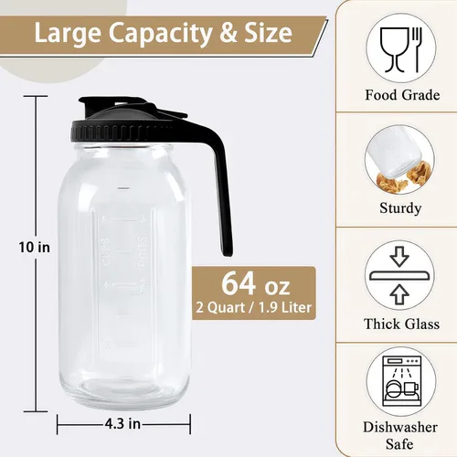 Miniatura 3 de Jarras de vidrio de 64 onzas con asa y tapa, frasco Mason de 2 cuartos, jarra grande de agua, recipientes de vidrio para refrigerador, jarra de agua