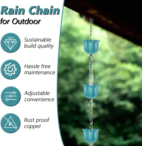 Miniatura 3 de Lotus Cadena de lluvia, cadenas de lluvia de 8.2 pies para canaletas con 10 tazas, cadenas de captura de lluvia ajustables con campana para Azul