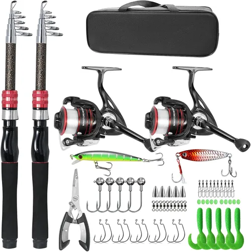 Juego combinado de caña de pescar de fibra de carbono, paquete de 2 carretes giratorios de 6.9 ft/6.89 pies, kit de accesorios de 57 piezas para