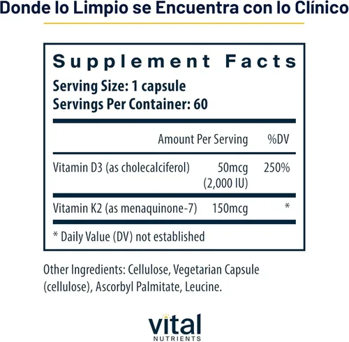 Miniatura 2 de Vital Nutrients Vitamina D3 + K2 2000 UI Suplemento de vitamina D3 K2 Complejo de vitamina D para niveles saludables de calcio, salud muscular