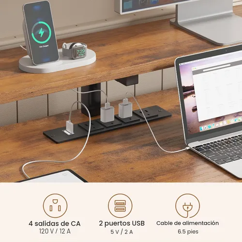 Miniatura 7 de SEDETA Escritorio de oficina en casa con cajón de archivos y toma de corriente, escritorio para computadora de 66 pulgadas con 5 cajones, estantes