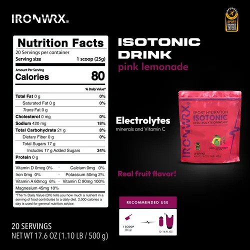 Miniatura 2 de IRONWRX Mezcla de bebida isotónica Polvo de electrolitos para soporte de hidratación deportiva Limonada rosa 20 porciones