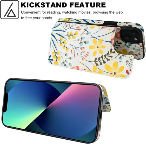 Miniatura 5 de HAOPINSH Funda para iPhone 13 Mini con tarjetero y diseño de flores en la parte posterior, con función atrás, de piel sintética, con ranuras