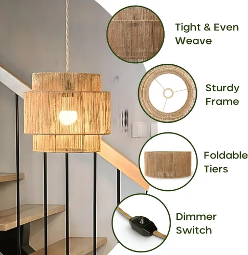 Miniatura 6 de Chi An Home Lámpara colgante de yute bohemio de 11.8 pulgadas con enchufe, lámpara colgante natural tejida a mano con enchufe e interruptor de luz