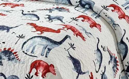 Miniatura 2 de Kids Zone Colección Colcha Colcha Niños / Adolescentes Dinosaurio Rinoceronte Antiguo Blanco Azul Rojo Nuevo # Dinosaurio Uno (Matrimonial/Queen)