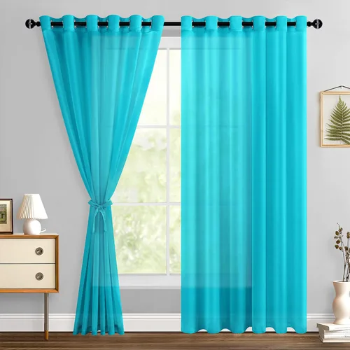 Miniatura 71 de Hiasan - Cortinas traslúcidas de gasa cortas semitransparentes con ojales y alzapaños filtrantes de luz para ventana, dormitorio, baño, 2 paneles