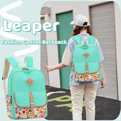 Miniatura 3 de Leaper - mochila escolar para niñas, mochila informal, bolsa de viaje con bolsillos laterales Agua Azul-floral