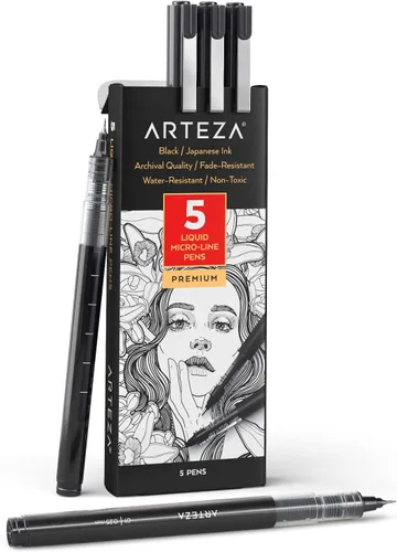 ARTEZA Micro-Line - Juego de 5 bolígrafos de tinta negra con tinta de archivo japonesa, suministros de arte para artistas de cómics e ilustradores,