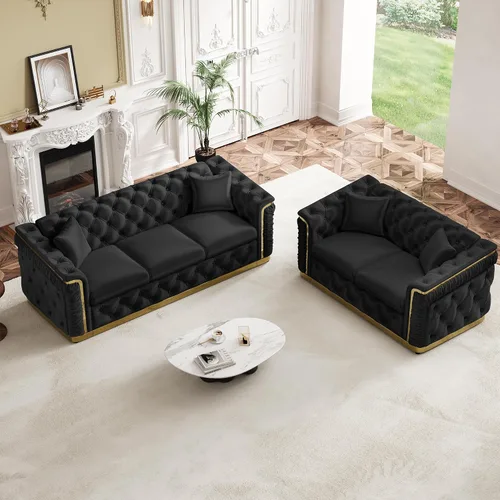 Miniatura 19 de Juego de 2 sofás Chesterfield de lujo, sofá victoriano copetudo negro y dorado, moderno de mediados de siglo, juego de sofás de 3 plazas para sala
