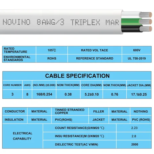 Miniatura 6 de Cable de alambre marino de calibre 8, cable de grado marino de calibre 8 AWG, cable de cobre estañado triplex 8/3 para barcos, cable de cobre libre