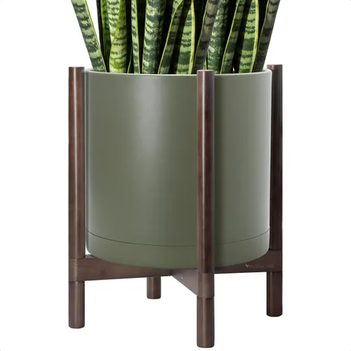 Miniatura 64 de Maceta de D'vine Dev con soporte - Maceta de flores de cilindro de plástico de 8.0 pulgadas con soporte de madera para interiores, maceta mate negra