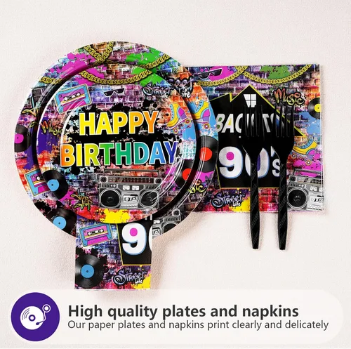 Miniatura 3 de 96 piezas de suministros desechables para fiesta de los 90 de estilo casa, platos de papel y servilletas de fiesta de los 90 con grafiti retro