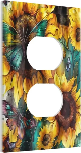 Miniatura 2 de Cubiertas de salida de girasoles amarillos, mariposas verdes y verde azulado de 1 banda, cubierta de interruptor de luz dúplex de 1 banda, placa