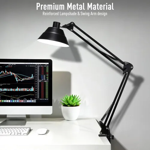 Miniatura 8 de Lámpara de escritorio LED para oficina en casa, lámpara de escritorio con brazo oscilante con abrazadera, lámpara de mesa de cuello de cisne Negro