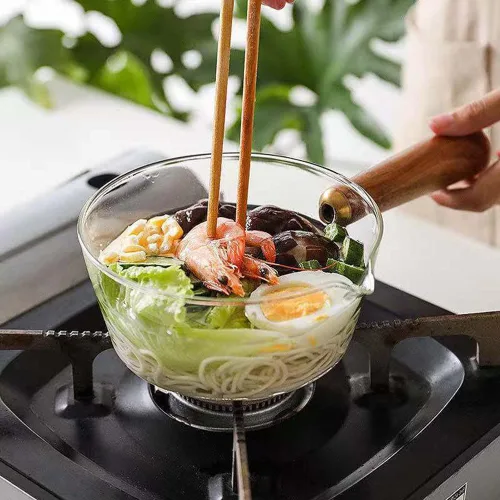 Miniatura 7 de Cacerola de vidrio transparente, resistente al calor, mini olla a fuego lento con mango de madera, juego de utensilios de cocina de vidrio