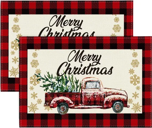 Artoid Mode Juego de 2 manteles individuales de Navidad con diseño de camión de búfalo rojo y negro, 12 x 18 pulgadas, para decoración de fiestas,
