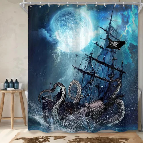 Cortina de ducha de playa de pulpo para niños, 60 pulgadas de ancho x 72 pulgadas de alto, juego de cortina de baño náutica Kraken anime barco