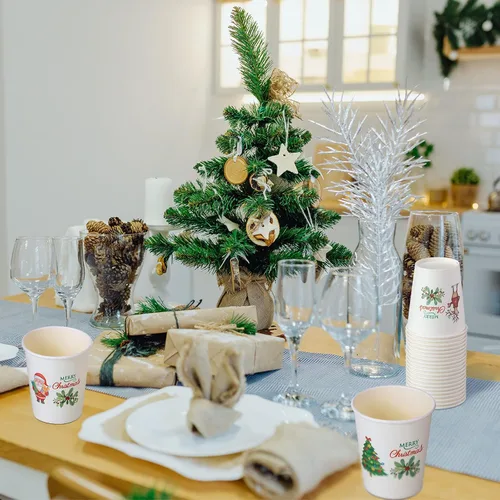 Miniatura 6 de Hotop 120 tazas de Navidad de 9 onzas, árbol de muñeco de nieve de Papá Noel, oso polar, alce, suministros para fiestas, desechables, café, té