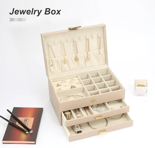Miniatura 7 de V-LAFUY Organizador de joyas, organizador de joyas medio y almacenamiento, caja de joyería de 3 niveles con 2 cajones, cajas de joyería
