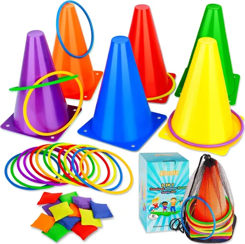 Miniatura 8 de Eocolz Juego combinado de 49 piezas de juegos de carnaval al aire libre para niños con luz LED, conos de plástico, obstáculos, puf, bolas de Azul