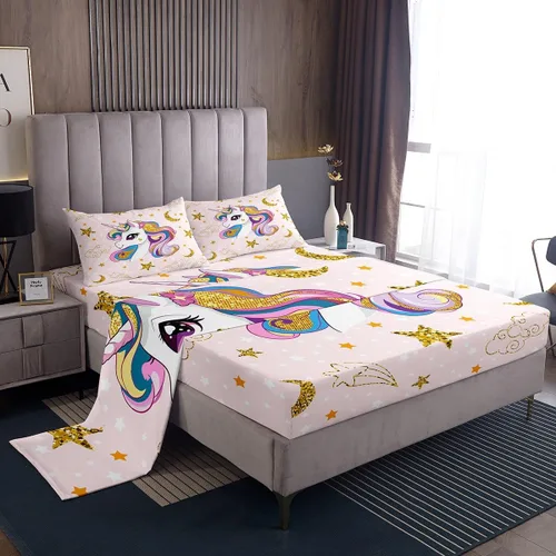 Miniatura 17 de Feelyou Juego de sábanas con diseño de arcoíris a rayas coloridas, multicolor, sábana bajera ajustable estilo de dibujos animados para niños