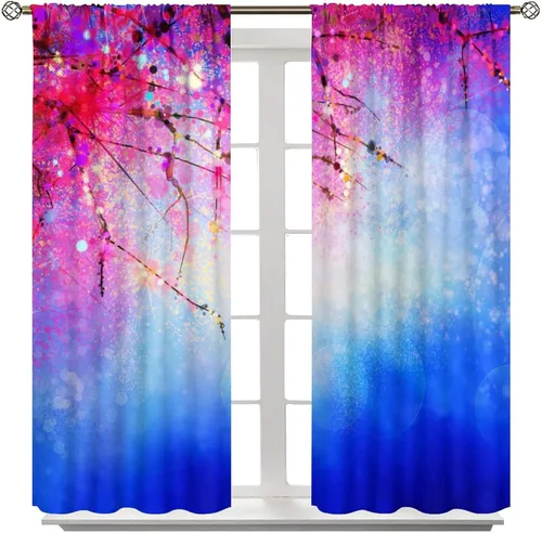 Miniatura 8 de Cortinas opacas con diseño floral de galaxia azul abstracta para dormitorio, cortinas de ventana de teñido anudado con diseño de flor de cerezo
