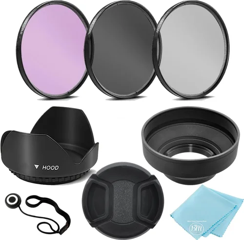 Kit de filtro de 3 piezas (UV-CPL-FLD) + parasol de lente de tulipán + capucha de goma suave + tapa de lente + para lentes selectos Canon, Nikon,