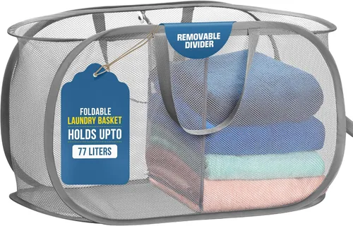 Miniatura 10 de Handy Laundry Cesta plegable de malla con 2 compartimentos, plegable, ahorra espacio, ligera y duradera, con asas para dormitorio, viajes