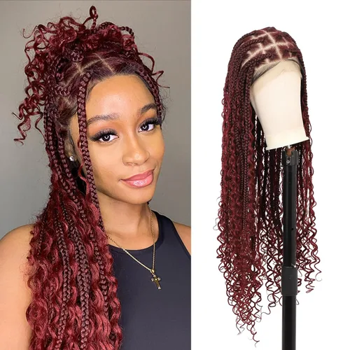 Miniatura 8 de Kalyss Pelucas trenzadas de encaje completo HD de 360° para mujer, peluca trenzada sin nudos de mariposa, peluca trenzada frontal con cabello