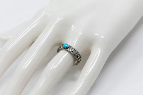 Miniatura 2 de Arizona Mined Turquoise Anillo Flor Patrón Vintage Plata