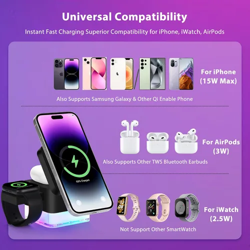 Miniatura 3 de Cargador inalámbrico 3 en 1 Apple-estación de carga, cubo de lámpara de luz nocturna, soporte de cargador magnético de 15 W, base de carga plegable