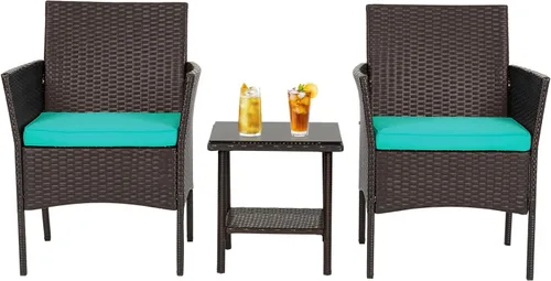 Miniatura 9 de FDW Juego de muebles de patio de 3 piezas Negro Muebles de mimbre para exteriores con mesa de café Juego de sillas de ratán moderno