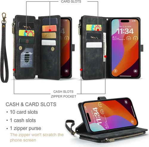 Miniatura 2 de CaseMe - Funda tipo cartera para iPhone 15 Pro Max, multifunción, hecha a mano, de piel sintética, con cremallera, a prueba de golpes, con cierre