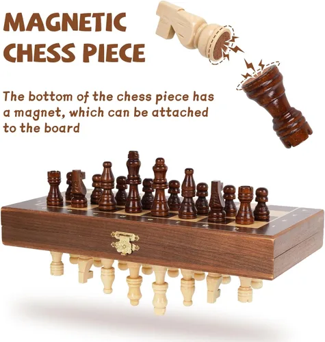 Miniatura 3 de Juego de ajedrez magnético de viaje de 12 pulgadas, tablero de ajedrez magnético de madera con 2 reinas extra, tablero de ajedrez plegable