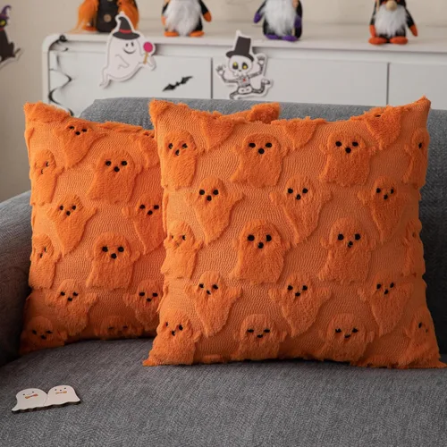 Juego de 2 fundas de almohada de Halloween de 18 x 18 pulgadas, fundas de almohada de fantasma naranja, almohadas de felpa suave para sofá,