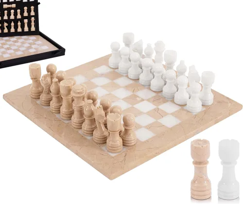 Miniatura 11 de Juego de ajedrez de mármol de 12 pulgadas hecho a mano coral y marrón oscuro con caja de almacenamiento, juego de ajedrez de viaje clásico