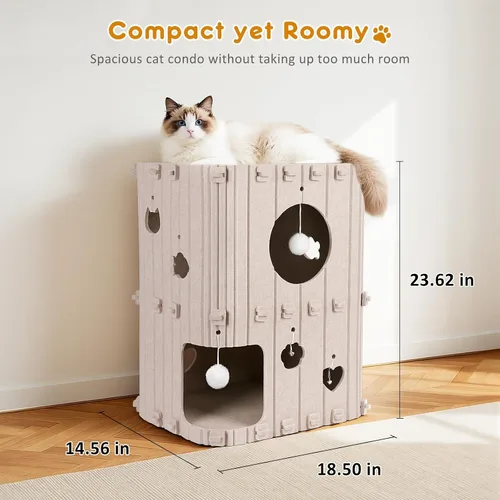 Miniatura 4 de Casa para gatos de interior – Cueva cerrada de 2 pisos para gatos múltiples y grandes, cubierta de fieltro para mascotas, túnel de condominio, cubo