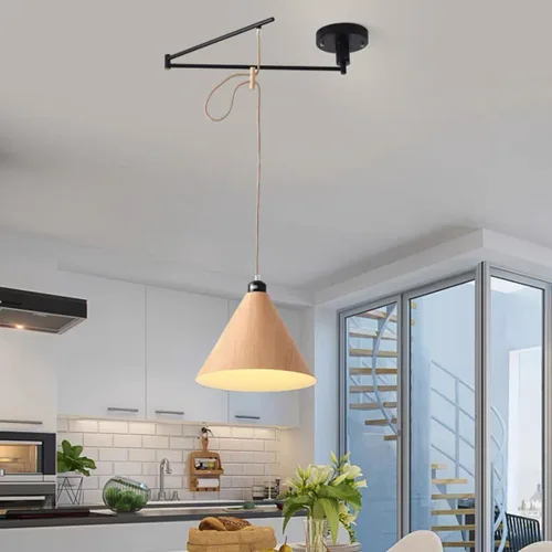 Miniatura 5 de Lámpara colgante ajustable con brazo oscilante, lámpara colgante de metal negro, lámpara de techo de grano de madera nórdica, iluminación moderna