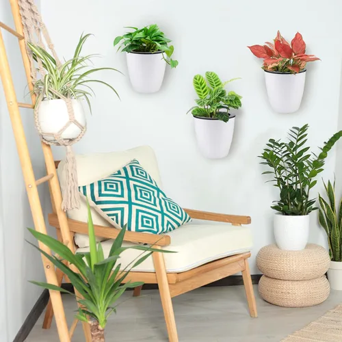 Miniatura 9 de Jucoan Paquete de 9 macetas colgantes de pared de riego automático para plantas de interior, maceta perezosa de plástico blanco de 5 pulgadas con 9