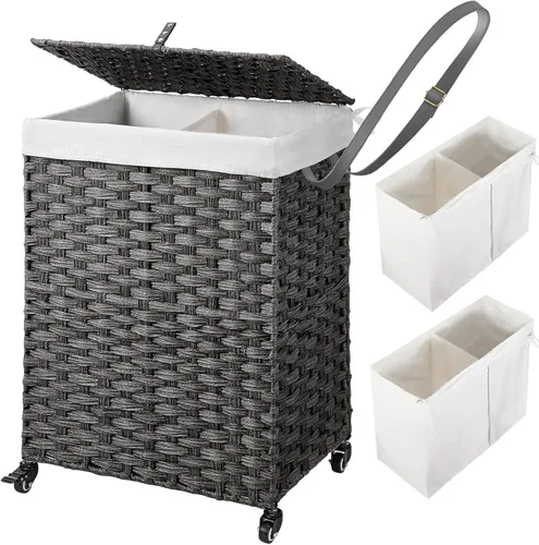 Miniatura 26 de GREENSTELL Cesta para ropa sucia con ruedas y tapa, 130 L, cesta grande de 3 secciones con 2 tipos de bolsas de forro extraíbles, 5 bolsas de malla