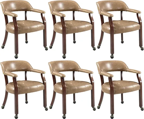 Miniatura 15 de Juego de 8 sillas de cuero de comedor con ruedas y brazos, silla de capitán Accent con ruedas, sillas de madera con ruedas enrollables para cocina