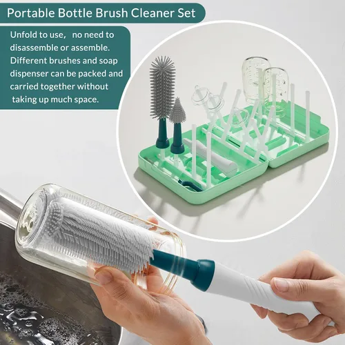 Miniatura 5 de Juego de cepillos portátiles para biberones con múltiples cepillos, dispensador de jabón, estante de secado de botellas plegable para 16 biberones