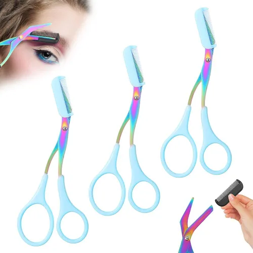 Miniatura 9 de Tijeras de cejas 2 en 1 con peine, cortador de cejas de acero inoxidable de precisión, tijeras de aseo antideslizantes para hombres y mujeres, Azul