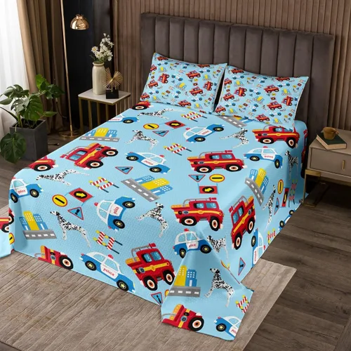 Miniatura 20 de Colcha de vehículos de rescate para niños, tamaño individual, juego de colcha de ambulancia de coche de policía y camión de bomberos, decoración
